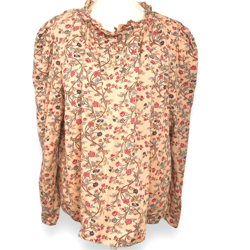 House of Harlow Tan Floral Western Peasant Ruffle Popover Blouse Size Large